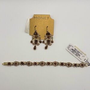 Monet Set Bracelet and Earrings Gold Tone Dark Brown Rhinestones NWT NOS
